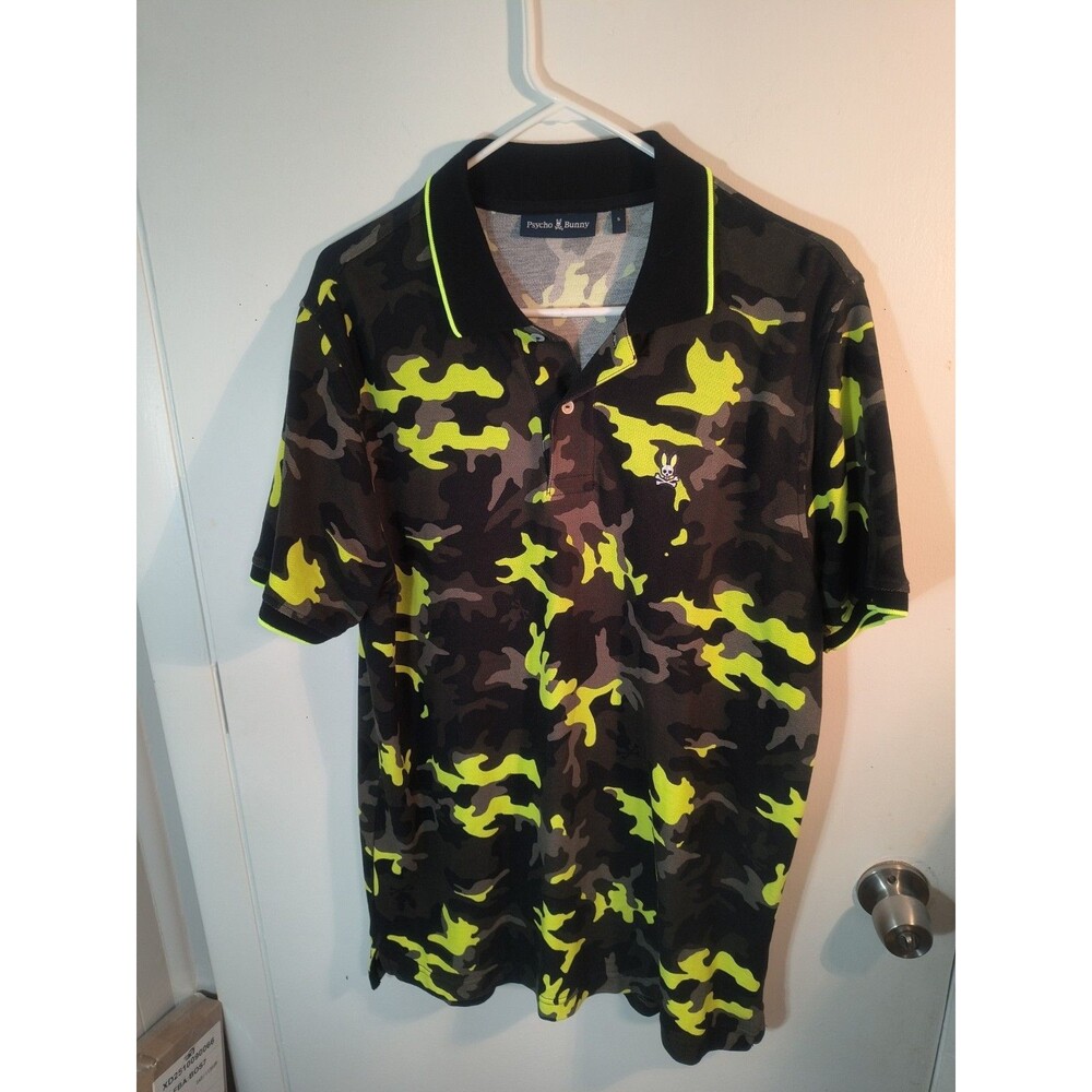 Psycho Bunny Plano Pique Camo Polo Shirt Men's Size 5 Medium Neon Green Black M